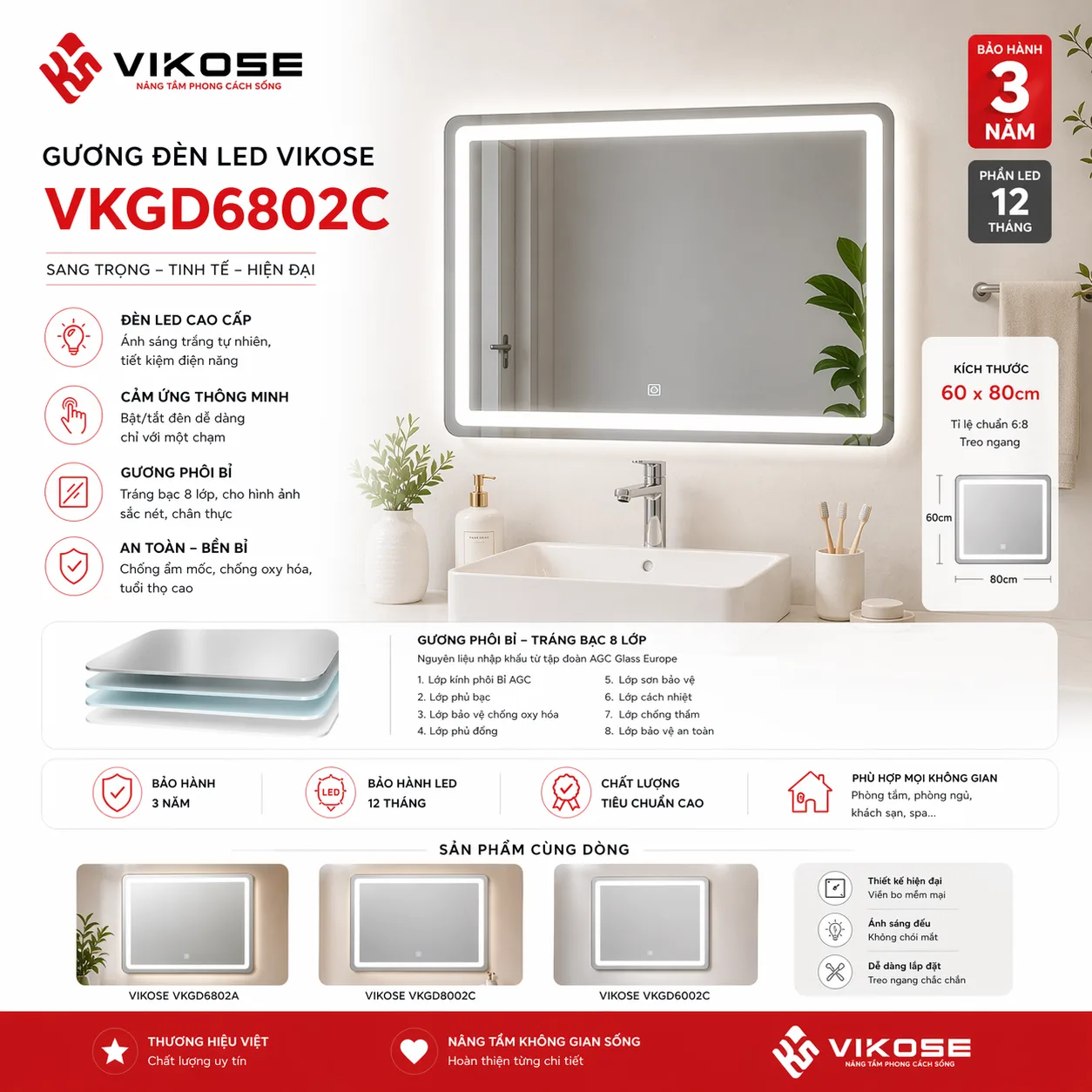 VK6802.webp Gương đèn led chữ nhật VIKOSE VKGD6802C (60x80) - Ảnh 1
